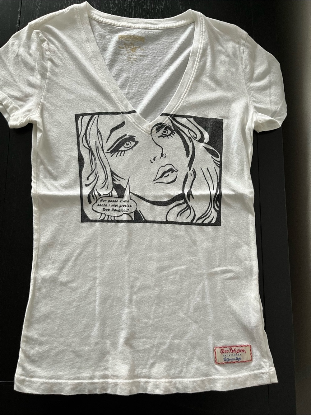 True Religion White V-Neck Comic Graphic Tee